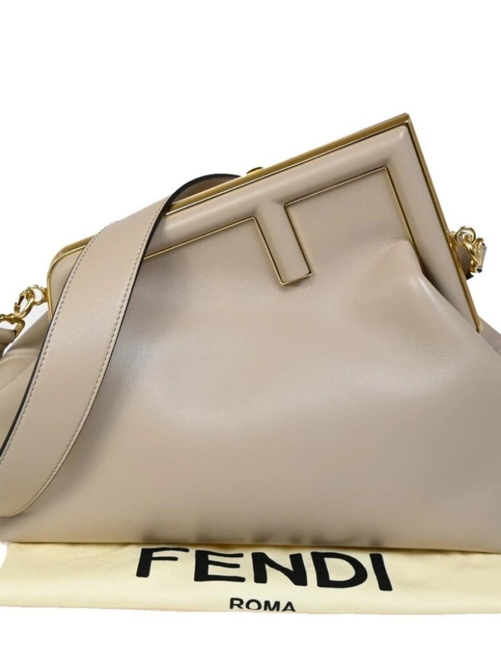 FENDI First Medium 2Way Shoulder Clutch Bag Leather Beige Gold Italy